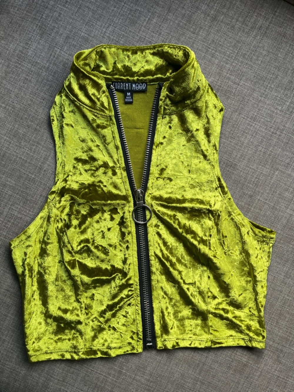 Dolls Kill Current Mood Velvet Lime Green Zip Up Crop Top Sleeveless M